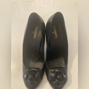Chanel Camellia black leather block heel